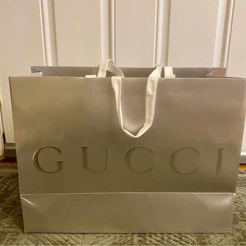 Gucci Metallic Silver Reusable Shopping Tote Gift Bag With Ribbon